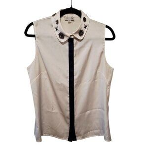 Tahari Sleeveless Embellished Collar Blouse M White & Black Bling Rhinestone